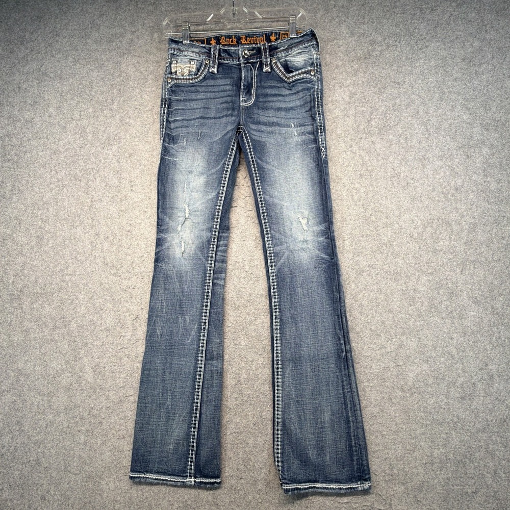 Rock Revival 25 Delu Bootcut Jeans Womens Blue Distressed Embroidered 26x32